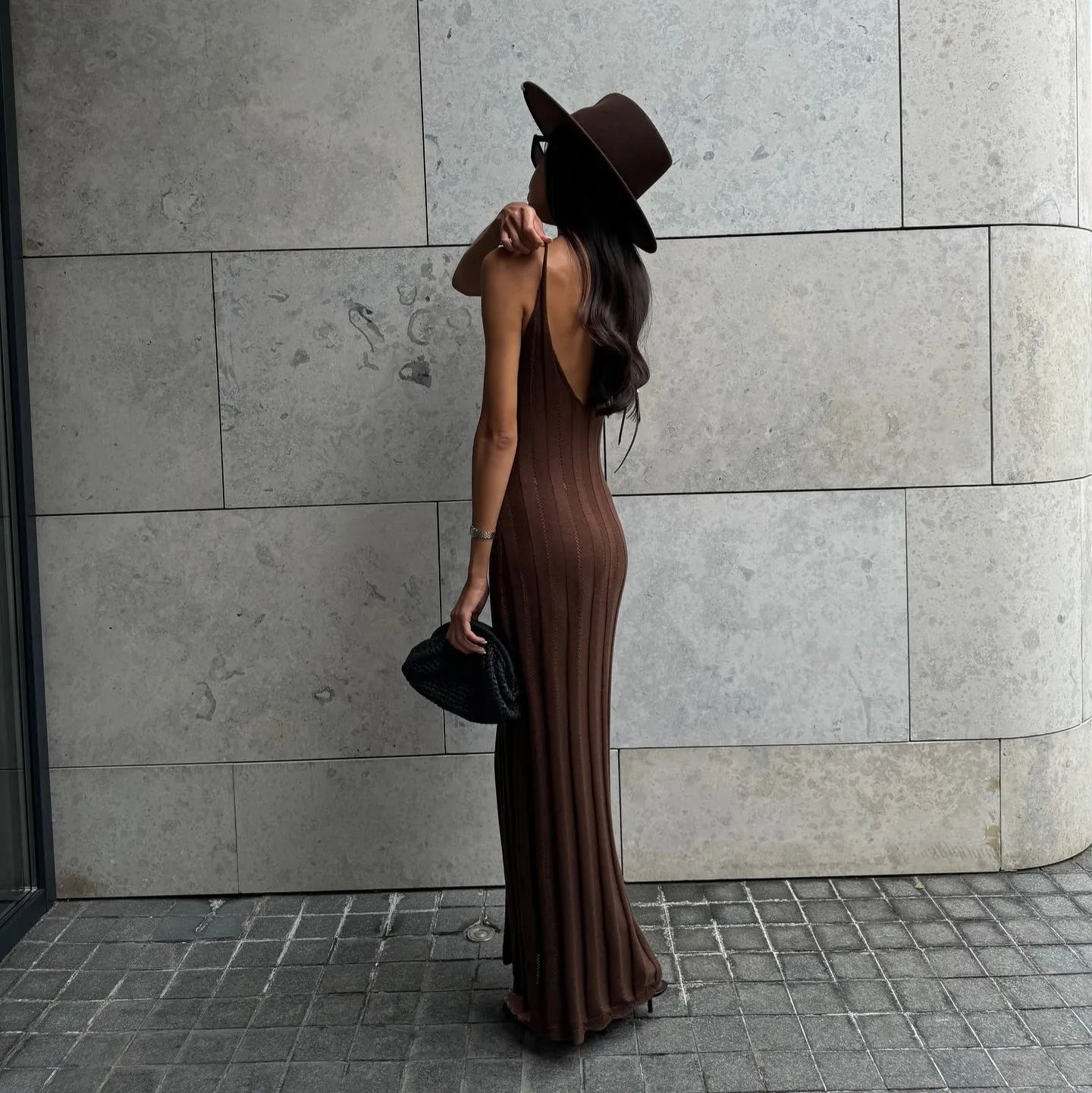 Evanna Knitted Backless Maxi Dress - Brown / S - Be My Shine