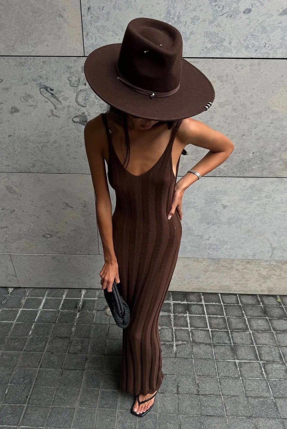 Evanna Knitted Backless Maxi Dress - Brown / S - Be My Shine