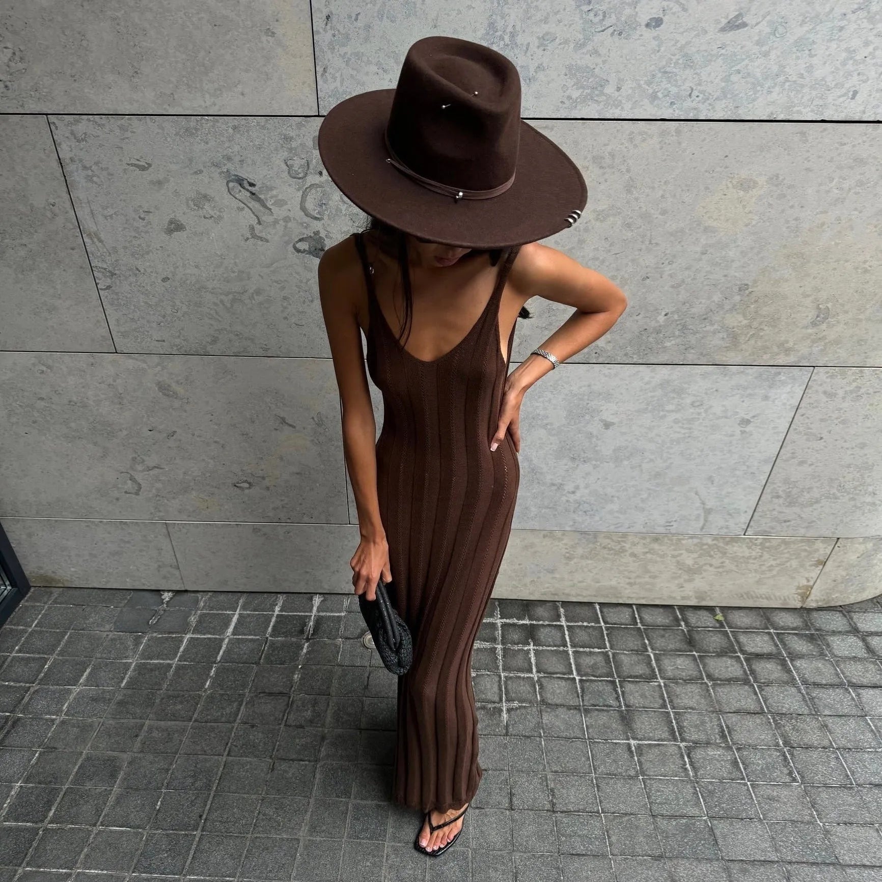 Evanna Knitted Backless Maxi Dress - Brown / S - Be My Shine