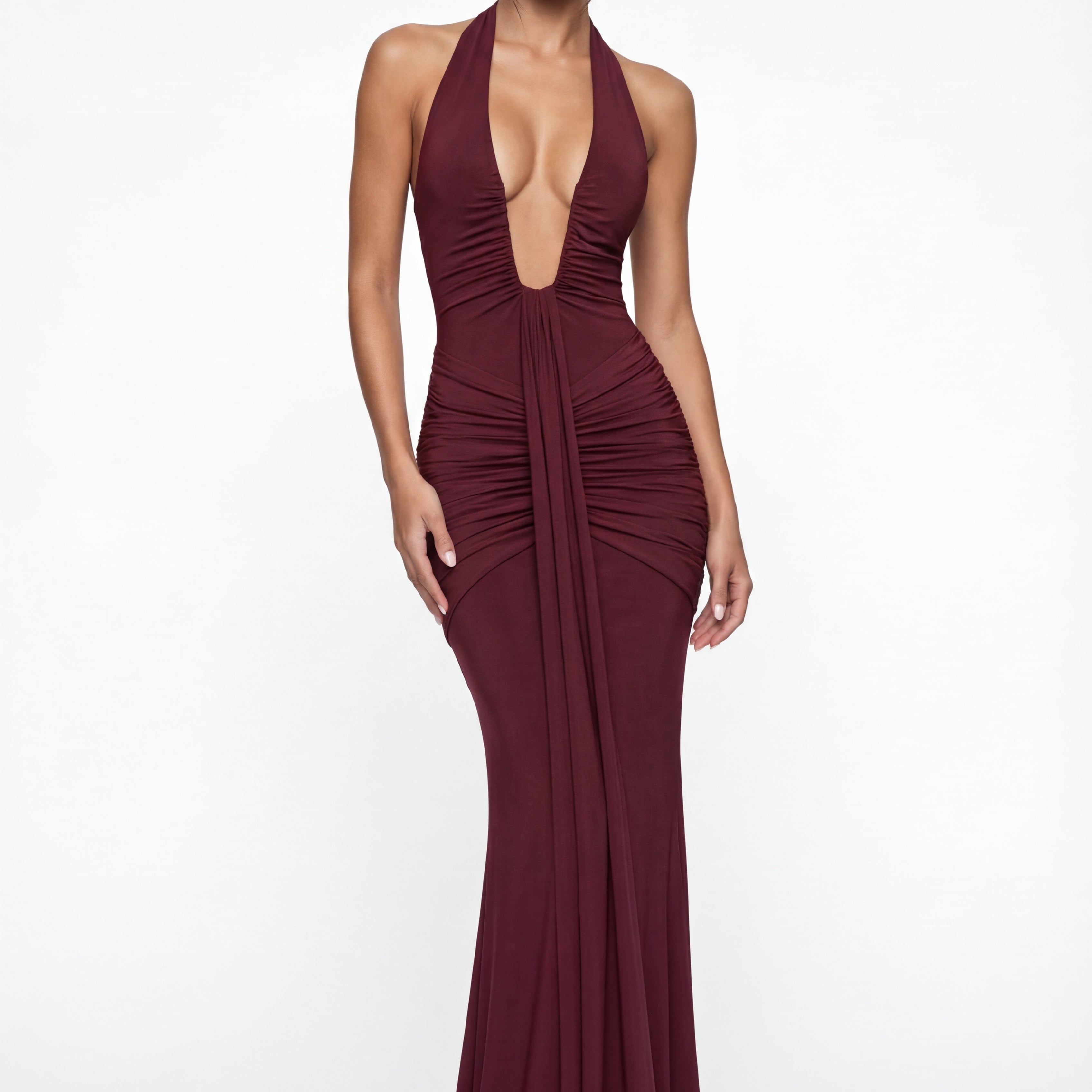 Amelita Deep Plunge Sculpt Maxi Dress - Burgundy