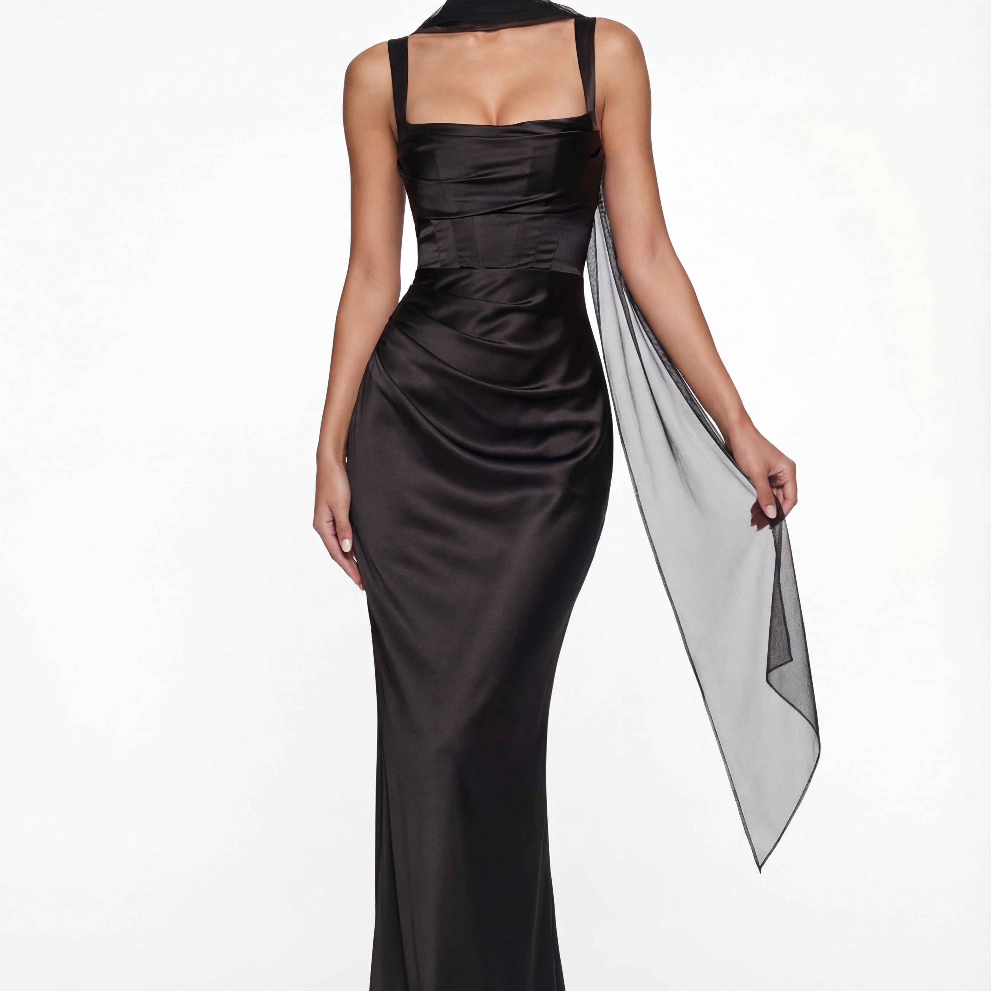Angelina Structured Satin Corset Maxi Dress with Scarf - Black