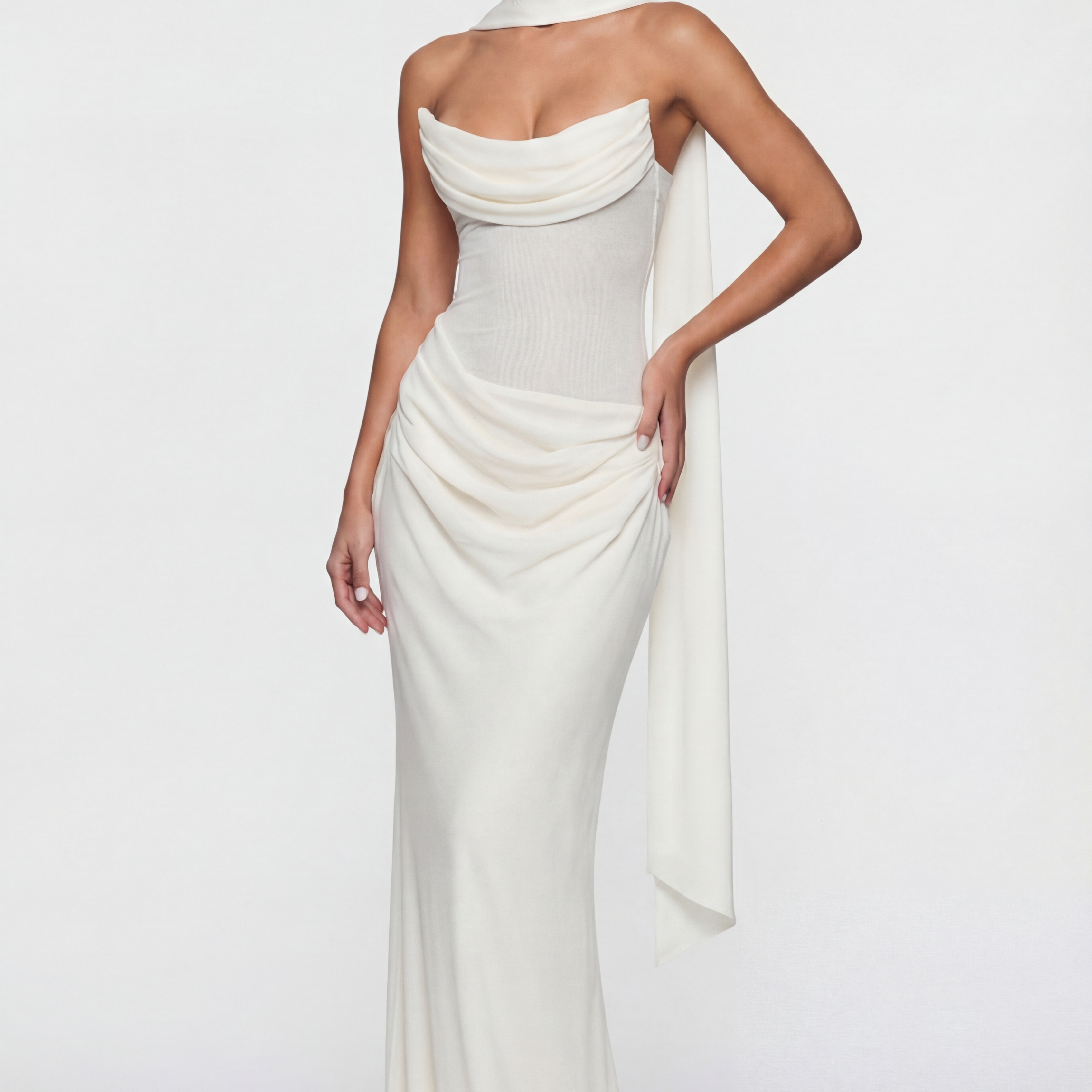 Andina Draped Corset Maxi Dress with Gloves & Scarf - White