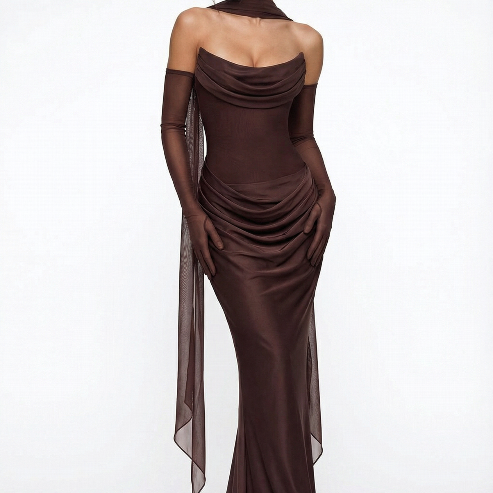Andina Draped Corset Maxi Dress with Gloves & Scarf - Brown