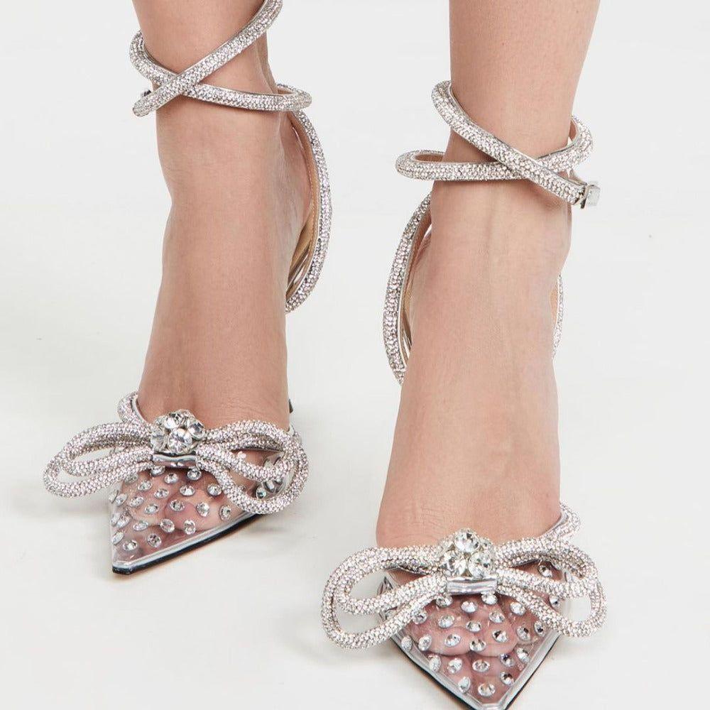 Jael Double Bow Crystal Embellished Heels - 4 / Clear - Be My Shine