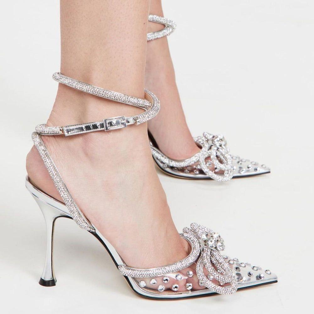 Jael Double Bow Crystal Embellished Heels - 4 / Clear - Be My Shine