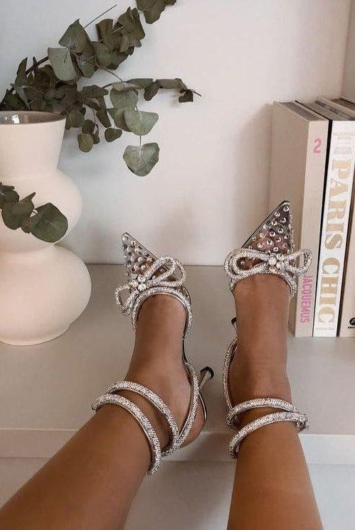 Jael Double Bow Crystal Embellished Heels - 4 / Clear - Be My Shine