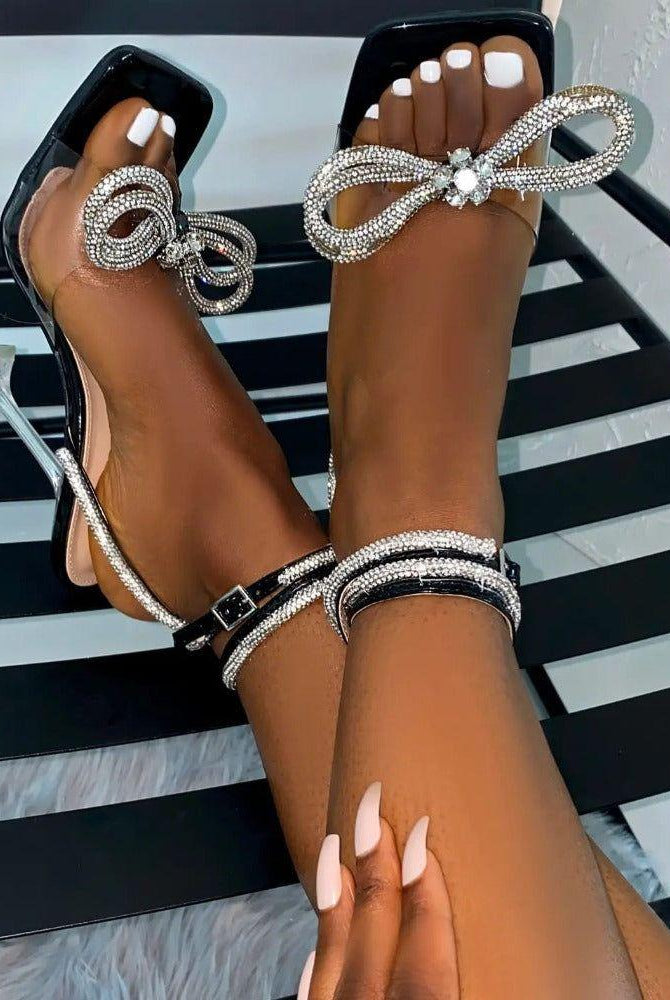 Justina Diamond Bow Wrap Around Ankle Heels - Black / 4 - Be My Shine