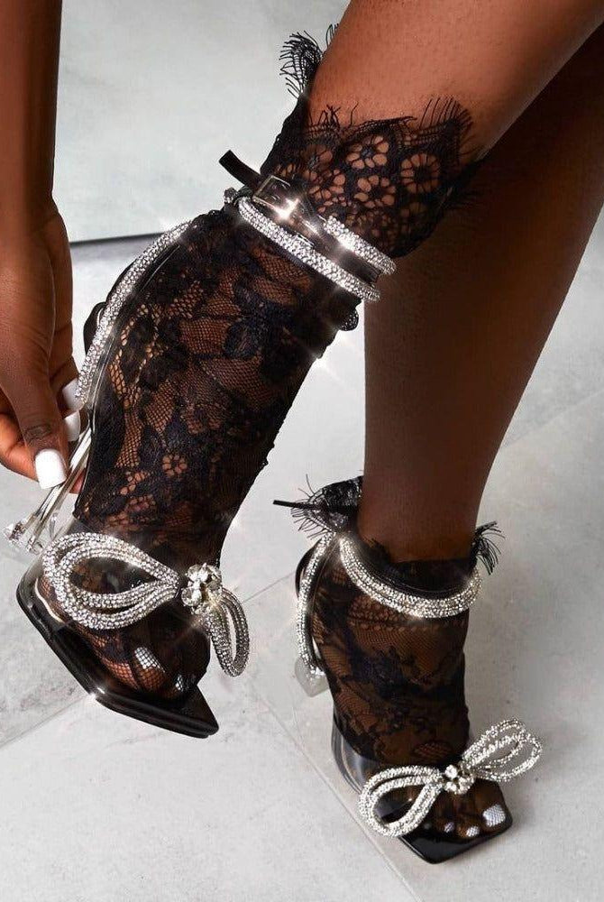 Justina Diamond Bow Wrap Around Ankle Heels - Black / 4 - Be My Shine