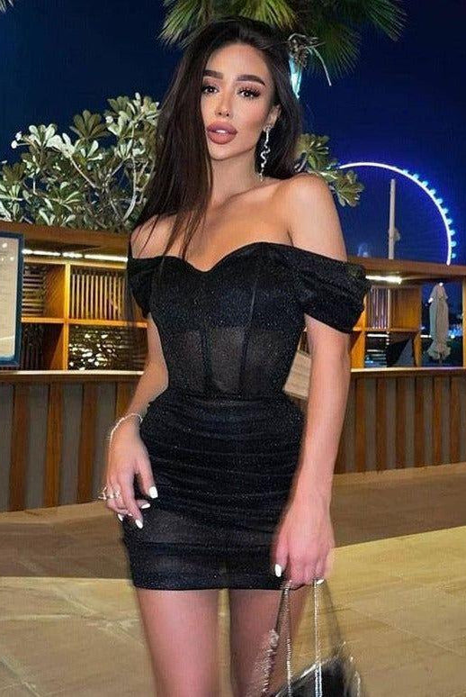 Layla Off Shoulder Ruched Mini Dress - S / Black - Be My Shine