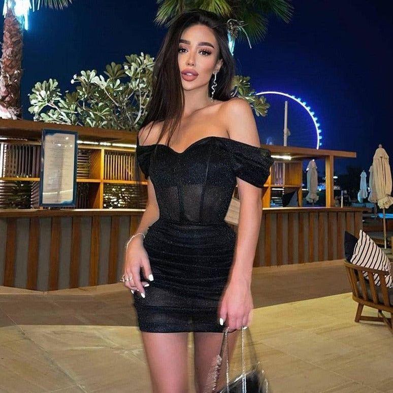 Layla Off Shoulder Ruched Mini Dress - S / Black - Be My Shine