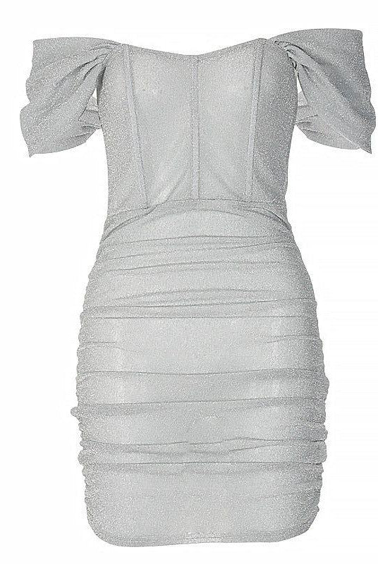 Layla Off Shoulder Ruched Mini Dress - S / Silver - Be My Shine