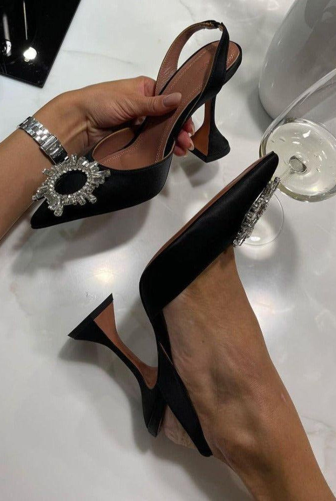 Lia Pointed Toe Crystal Brooch Heels - Black / 5 - Be My Shine