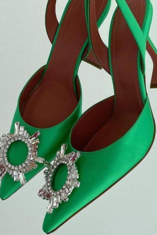 Lia Pointed Toe Crystal Brooch Heels - Emerald Green / 5 - Be My Shine