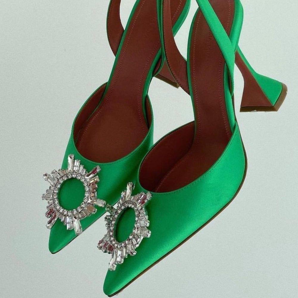 Lia Pointed Toe Crystal Brooch Heels - Emerald Green / 5 - Be My Shine