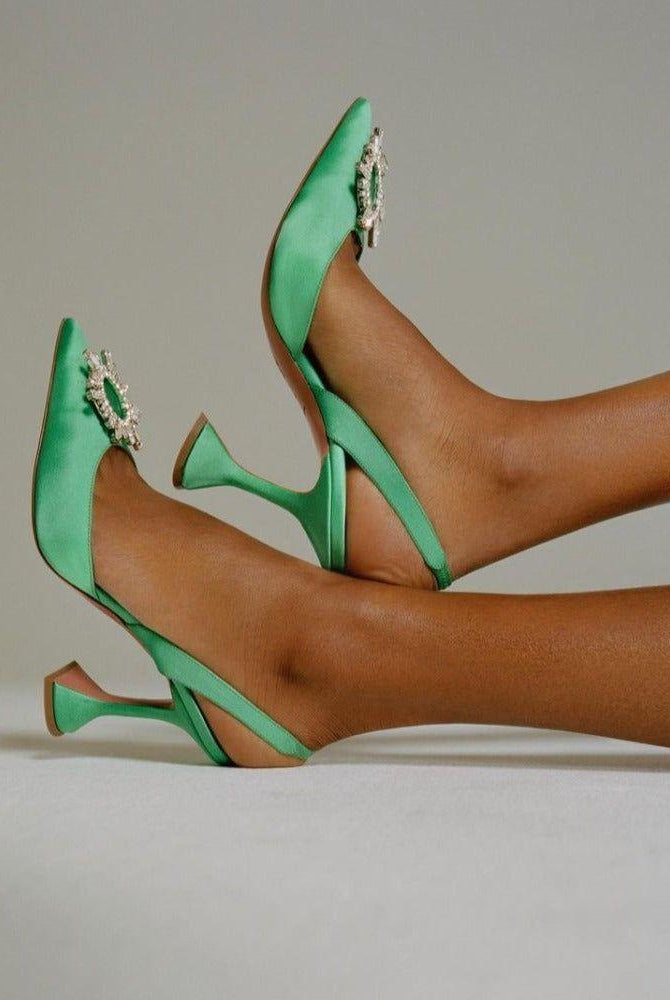 Lia Pointed Toe Crystal Brooch Heels - Green / 5 - Be My Shine