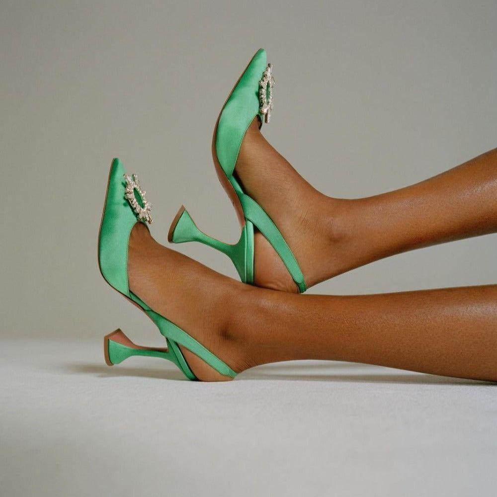 Lia Pointed Toe Crystal Brooch Heels - Green / 5 - Be My Shine