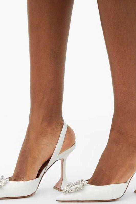 Lia Pointed Toe Crystal Brooch Heels - White Leather / 5 - Be My Shine