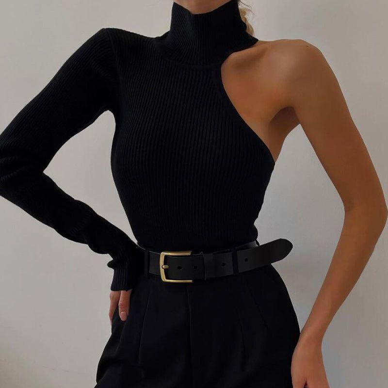 Marrakech Knitted Turtleneck One-Shoulder Bodysuit - S / Black - Be My Shine