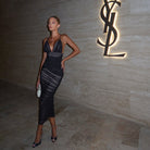 Midnight Mirage Ruched Mesh Midi Dress Be My Shine