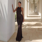 Vega Knitted Open Back Halter Maxi Dress - Brown / S - Be My Shine