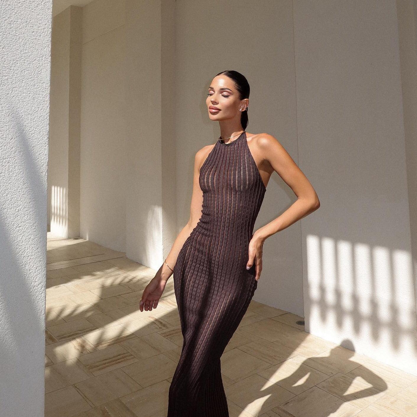 Vega Knitted Open Back Halter Maxi Dress - Brown / S - Be My Shine