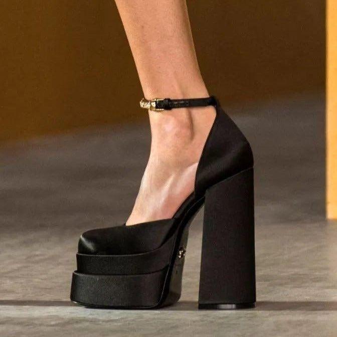 Nadine Double Platform Crystal Strap Satin Pumps - Black / 3 - Be My Shine