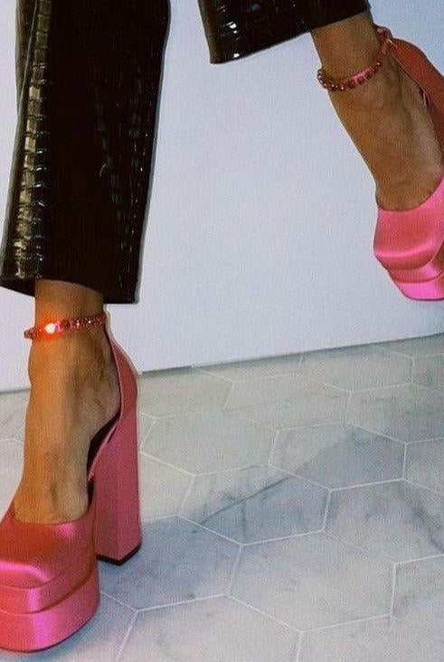 Nadine Double Platform Crystal Strap Satin Pumps - Rose / 3 - Be My Shine