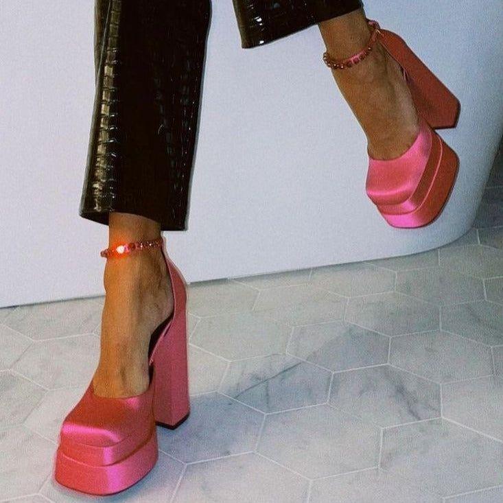 Nadine Double Platform Crystal Strap Satin Pumps - Rose / 3 - Be My Shine