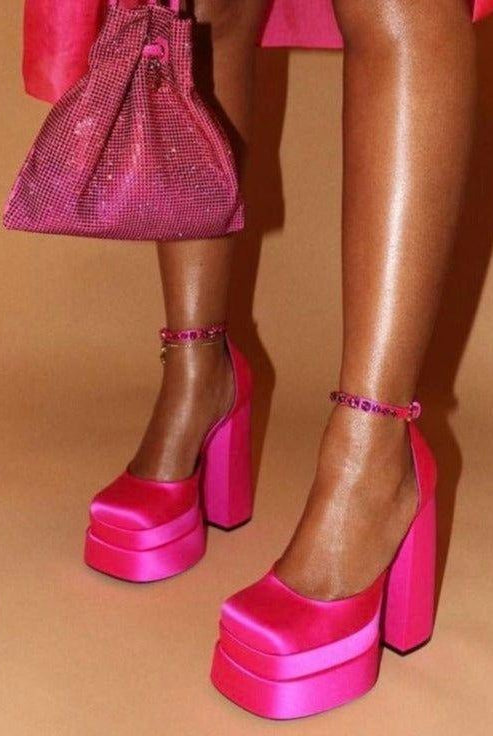 Nadine Double Platform Crystal Strap Satin Pumps - Rose / 3 - Be My Shine