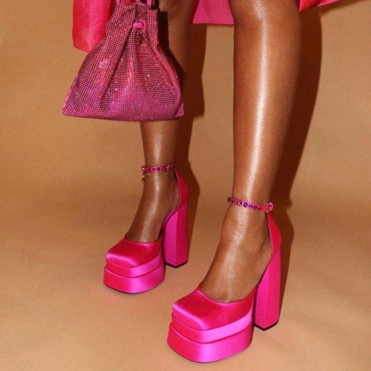 Nadine Double Platform Crystal Strap Satin Pumps - Rose / 3 - Be My Shine