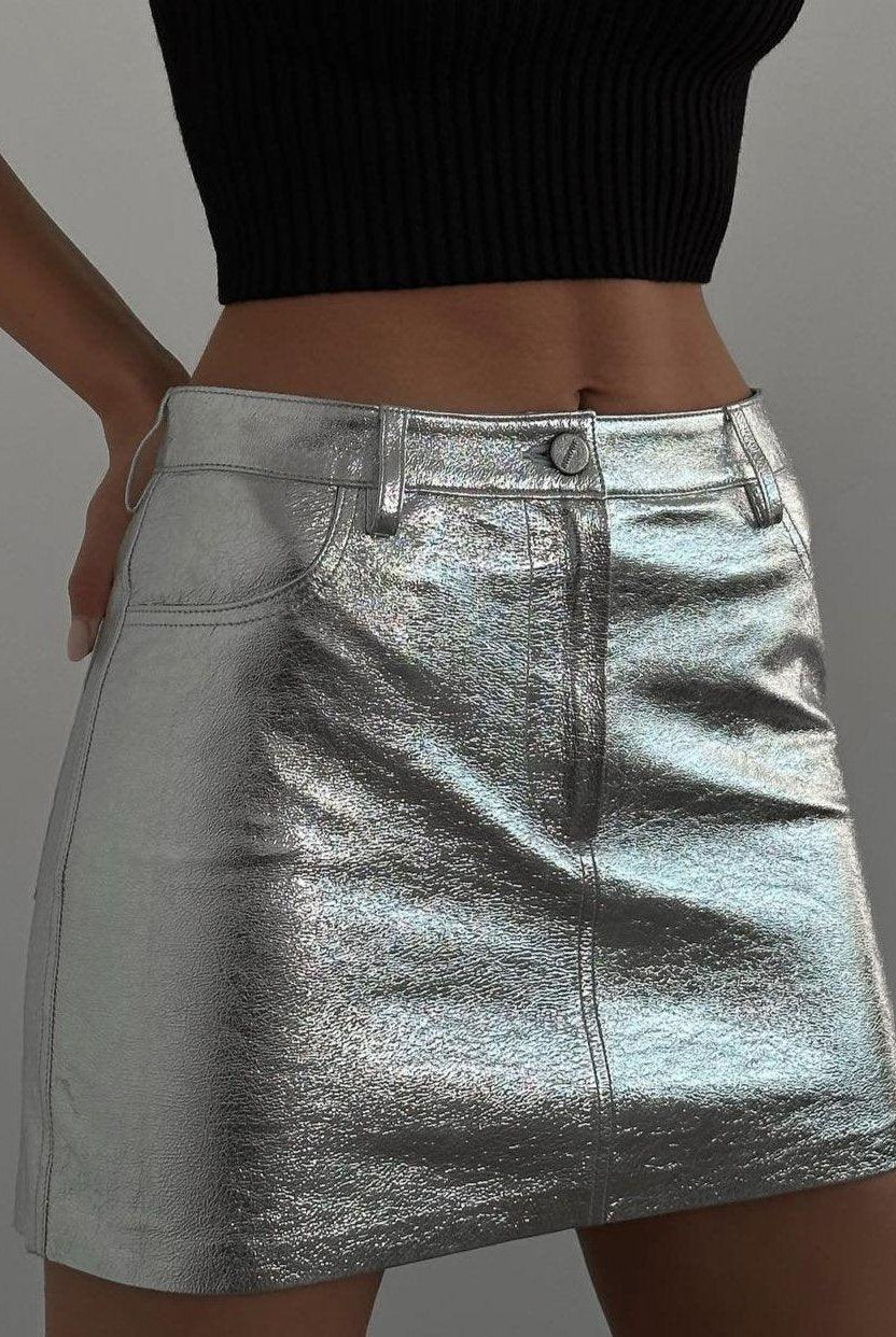 Nyah Silver Leather Mini Skirt - Silver / S - Be My Shine
