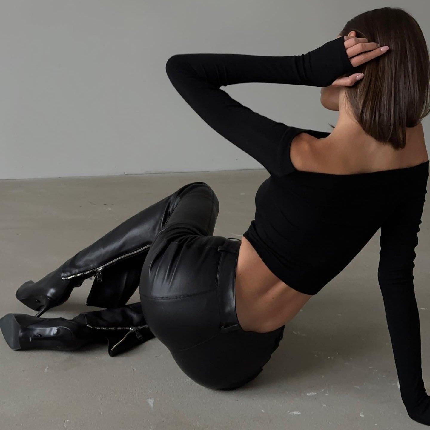 Rasha Long Sleeve Slash Neck Top - Black / S - Be My Shine