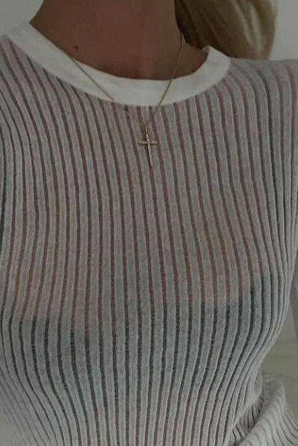 Rosario Semi Sheer Long Sleeve Rib Knit Top - S / White - Be My Shine