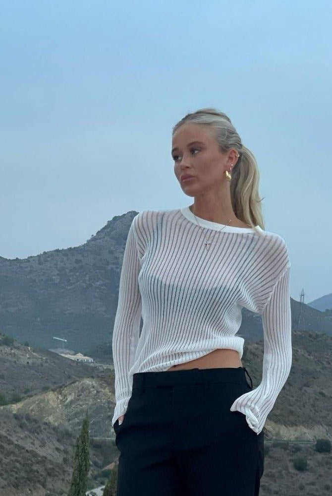 Rosario Semi Sheer Long Sleeve Rib Knit Top - S / White - Be My Shine