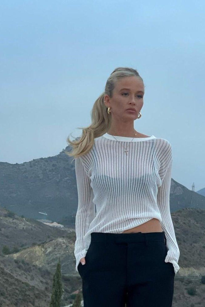 Rosario Semi Sheer Long Sleeve Rib Knit Top - S / White - Be My Shine