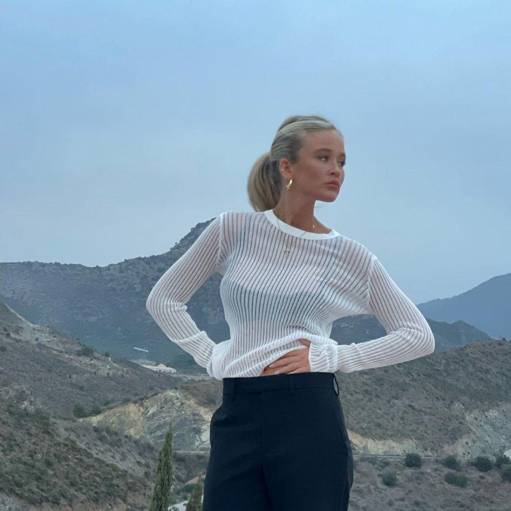 Rosario Semi Sheer Long Sleeve Rib Knit Top - S / White - Be My Shine