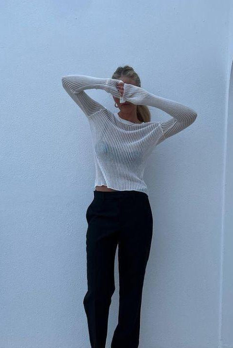 Rosario Semi Sheer Long Sleeve Rib Knit Top - S / White - Be My Shine