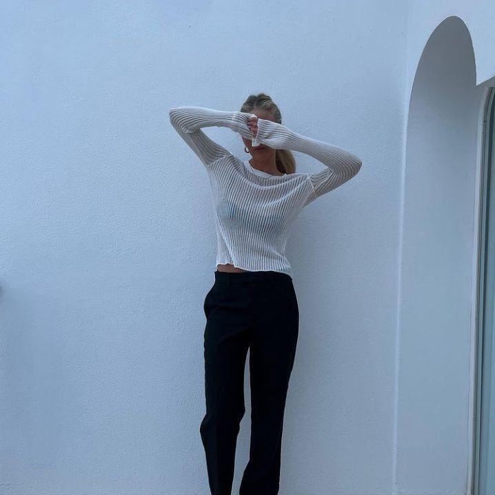 Rosario Semi Sheer Long Sleeve Rib Knit Top - S / White - Be My Shine