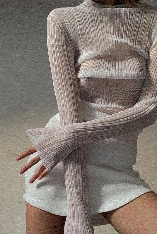Selena Sheer Mesh Mock Neck Frill Hem Top - White / S - Be My Shine
