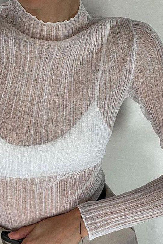 Selena Sheer Mesh Mock Neck Frill Hem Top - White / S - Be My Shine