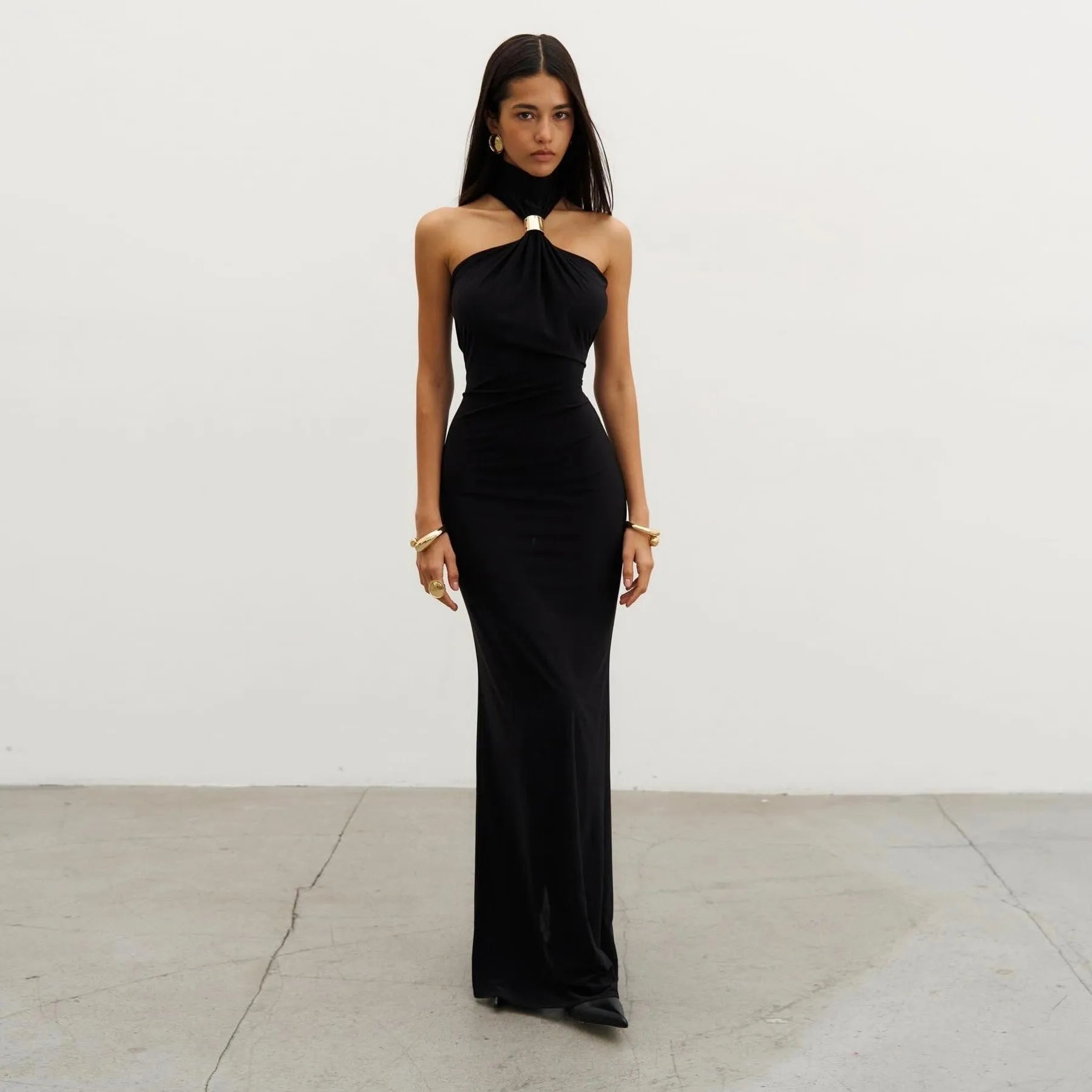 Sonata Gold Ring Halter Neck Maxi Dress Be My Shine