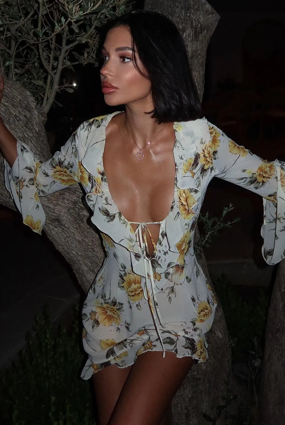 Sylvie Flower Print Lace-Up Mini Dress - White / S - Be My Shine