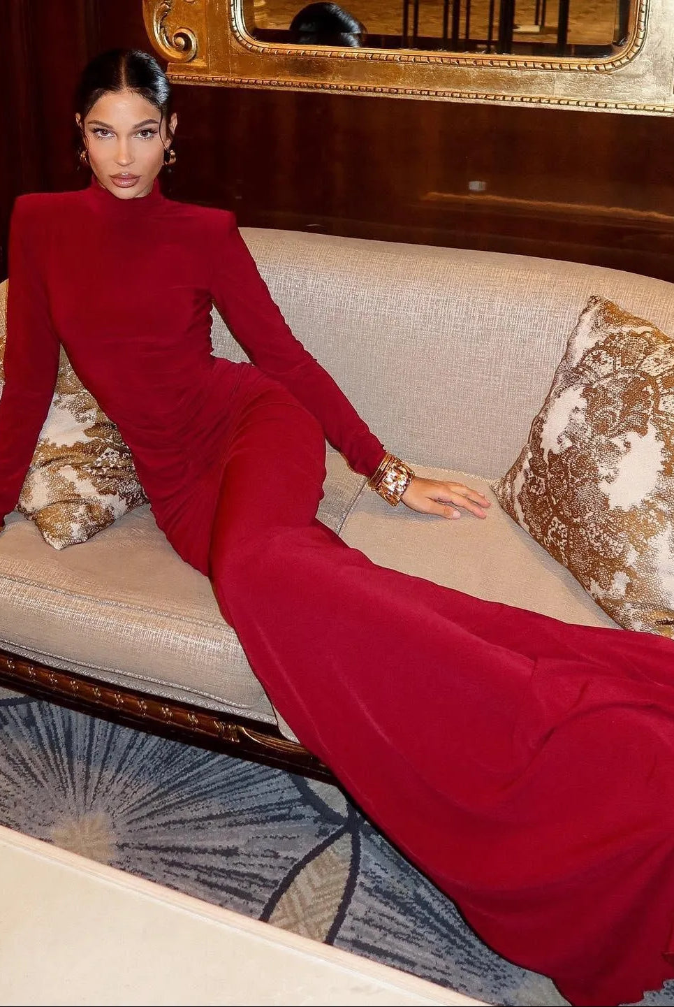 Thea Long Sleeve Ruched Maxi Dress - Red / S - Be My Shine