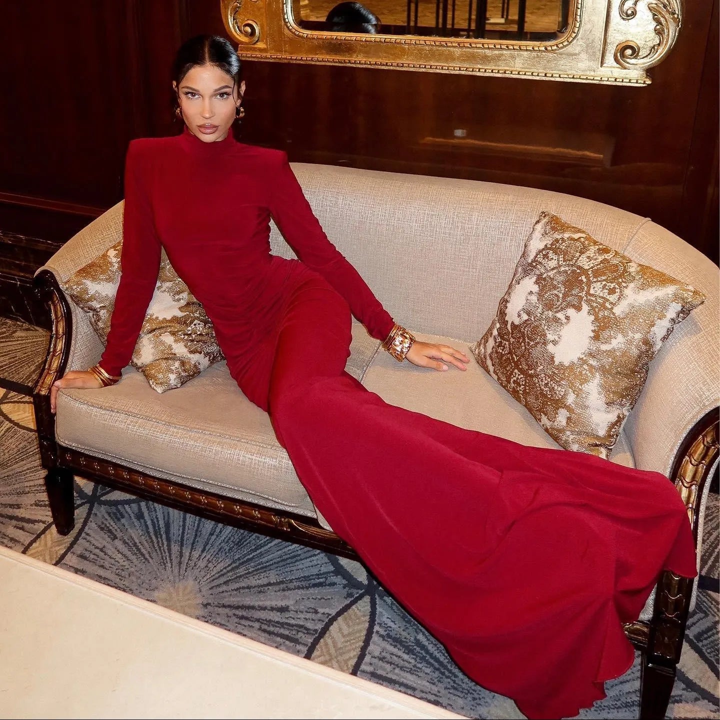 Thea Long Sleeve Ruched Maxi Dress - Red / S - Be My Shine
