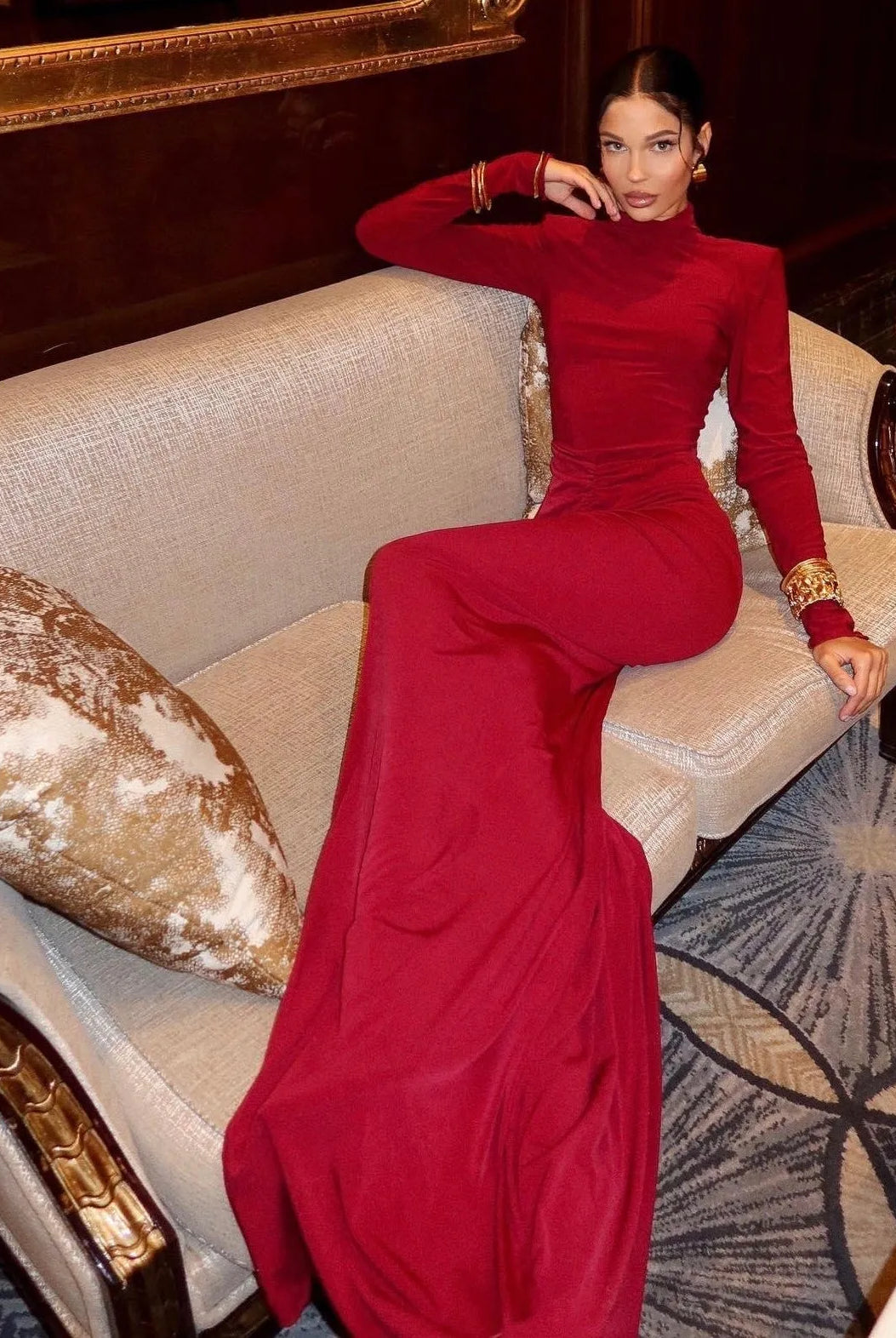Thea Long Sleeve Ruched Maxi Dress - Red / S - Be My Shine