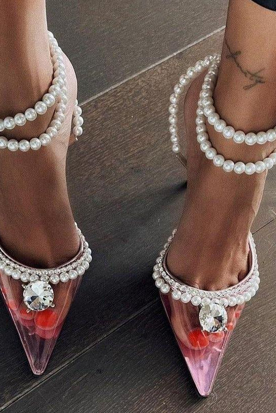 Zoe Pearl Strap Crystal Heels - Clear / 4 - Be My Shine