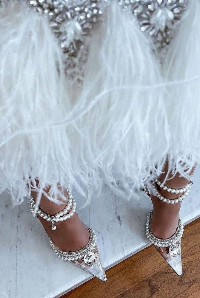 Zoe Pearl Strap Crystal Heels - Clear / 4 - Be My Shine