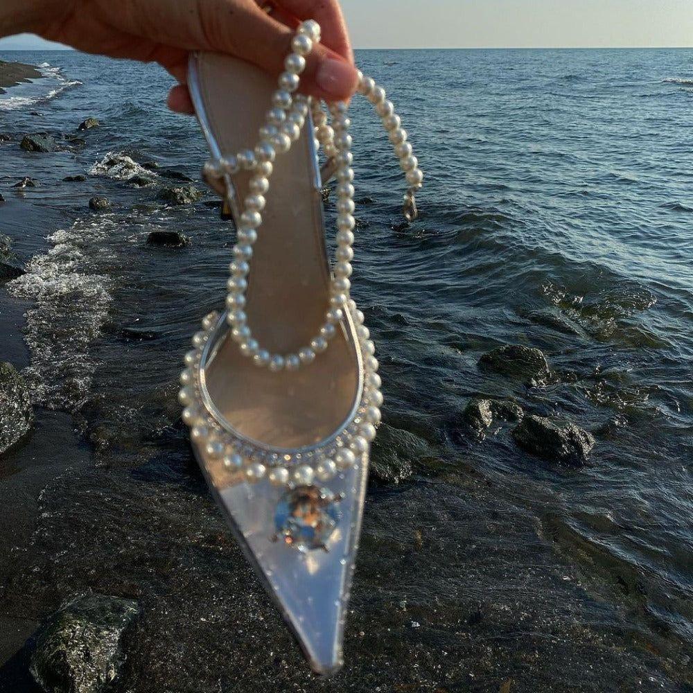 Zoe Pearl Strap Crystal Heels - Clear / 4 - Be My Shine