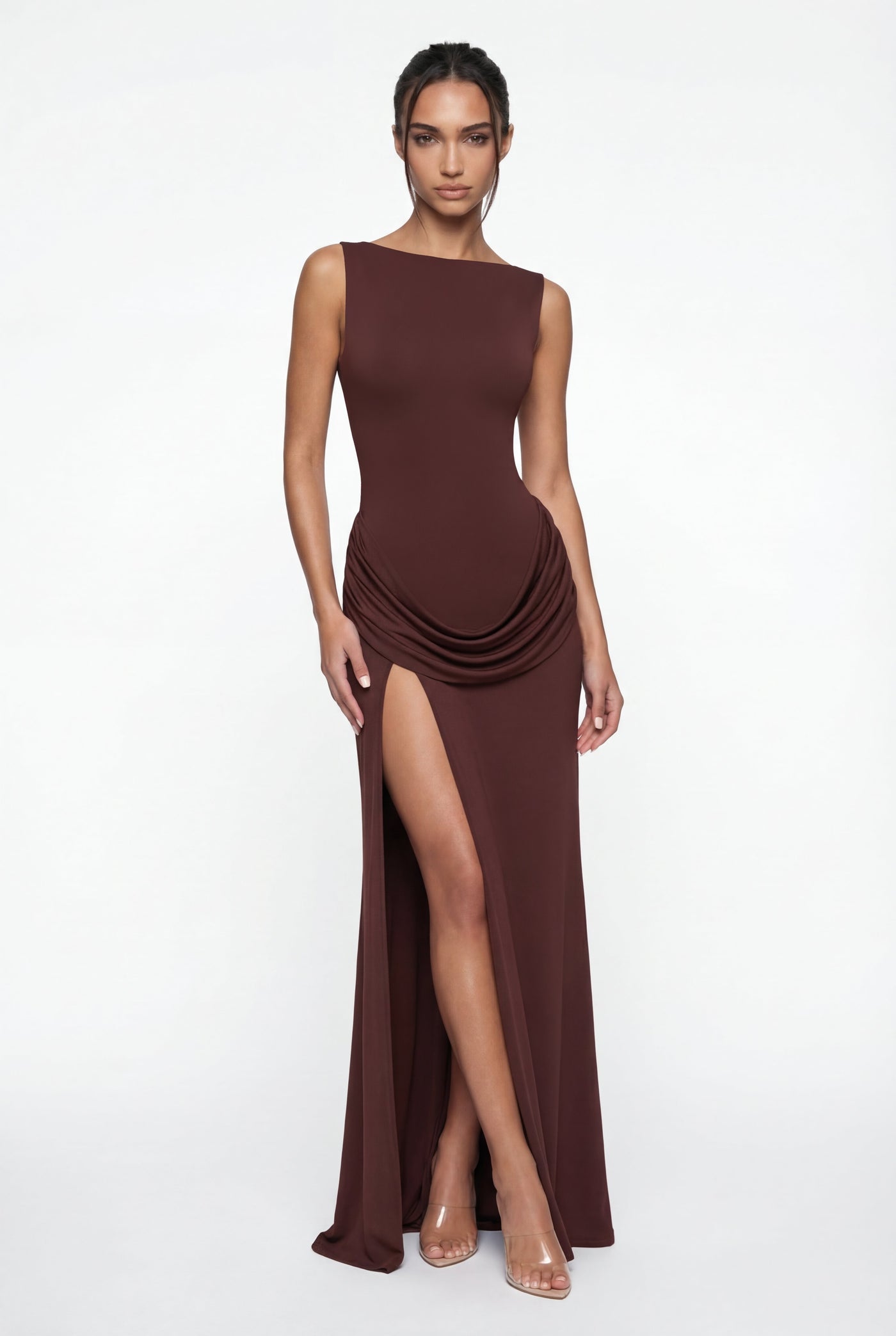 Corey Draped Open-Back Maxi Dress – Brown