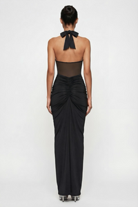 Angela Sheer Corset Halter Maxi Dress - Black